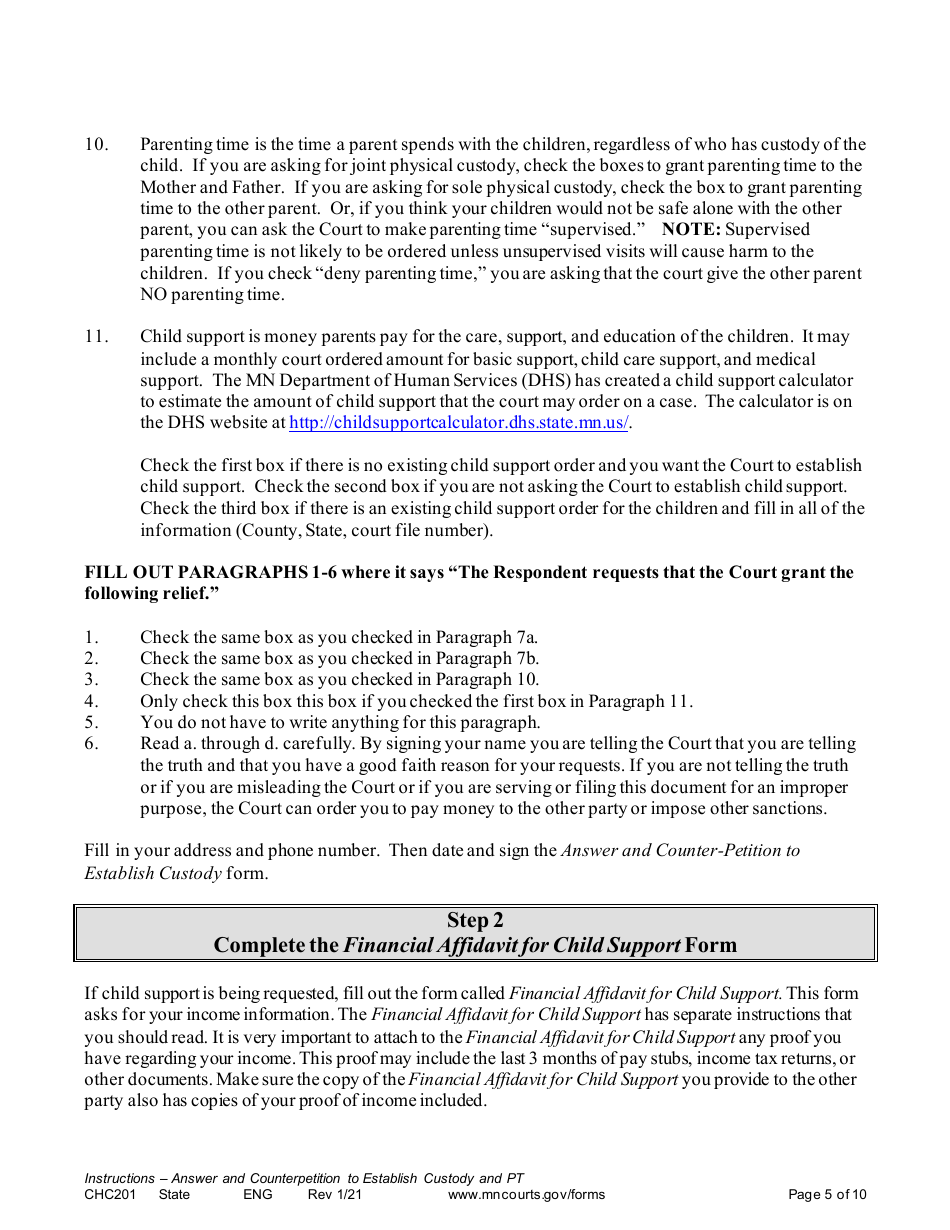 Form CHC201 Instructions - Response to Request to Establish Child Custody and Parenting Time - Minnesota, Page 5