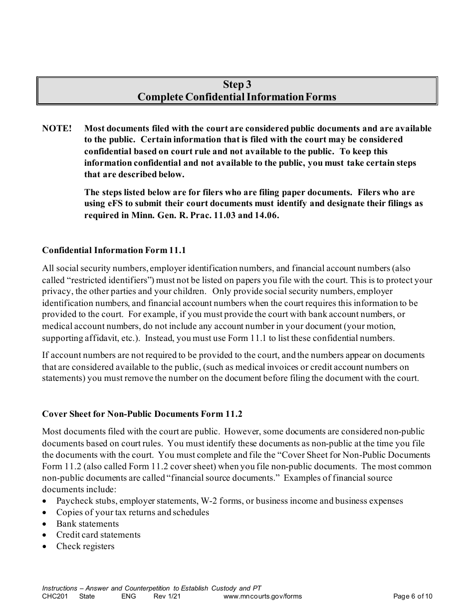 Form CHC201 Instructions - Response to Request to Establish Child Custody and Parenting Time - Minnesota, Page 6