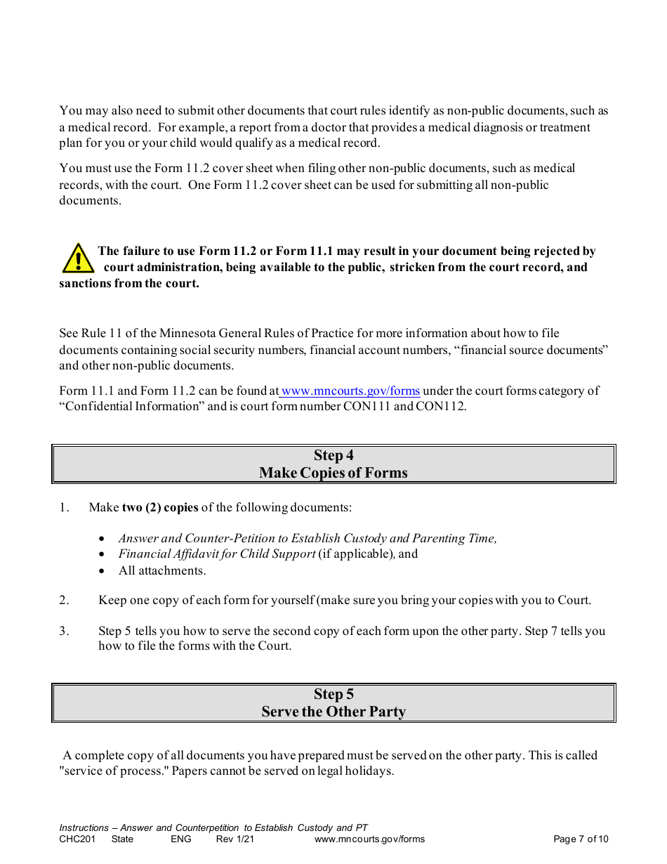Form CHC201 Instructions - Response to Request to Establish Child Custody and Parenting Time - Minnesota, Page 7