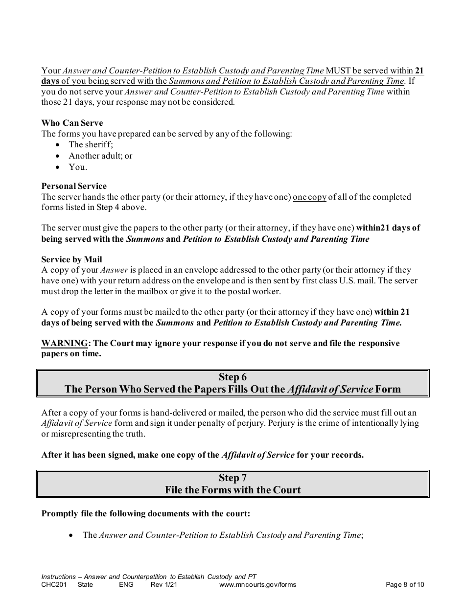 Form CHC201 Instructions - Response to Request to Establish Child Custody and Parenting Time - Minnesota, Page 8