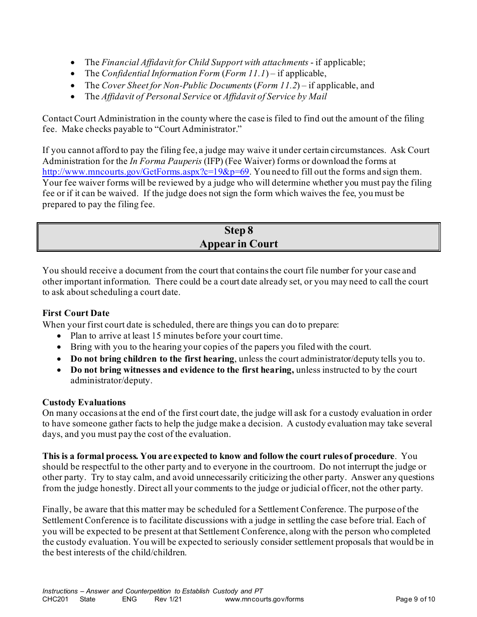 Form CHC201 Instructions - Response to Request to Establish Child Custody and Parenting Time - Minnesota, Page 9