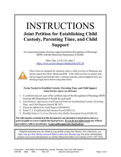 Form CHC106 Instructions - Joint Petition for Establishing Child Custody, Parenting Time, and Child Support - Minnesota