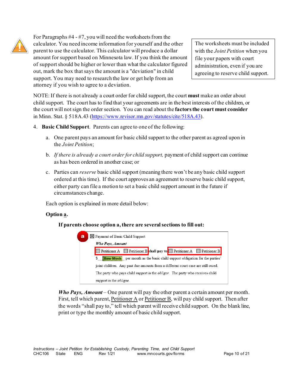 Form CHC106 Instructions - Joint Petition for Establishing Child Custody, Parenting Time, and Child Support - Minnesota, Page 10
