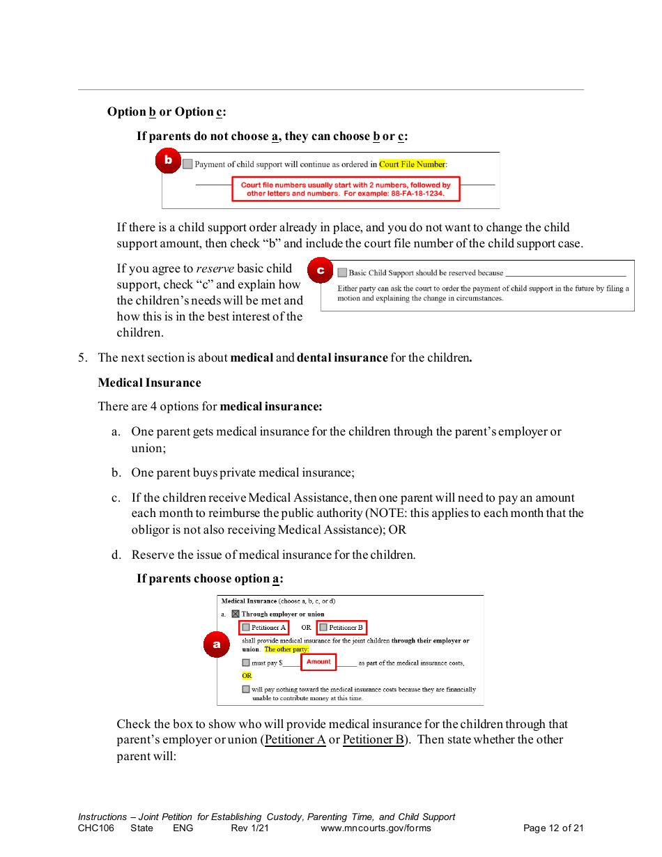 Form CHC106 Instructions - Joint Petition for Establishing Child Custody, Parenting Time, and Child Support - Minnesota, Page 12