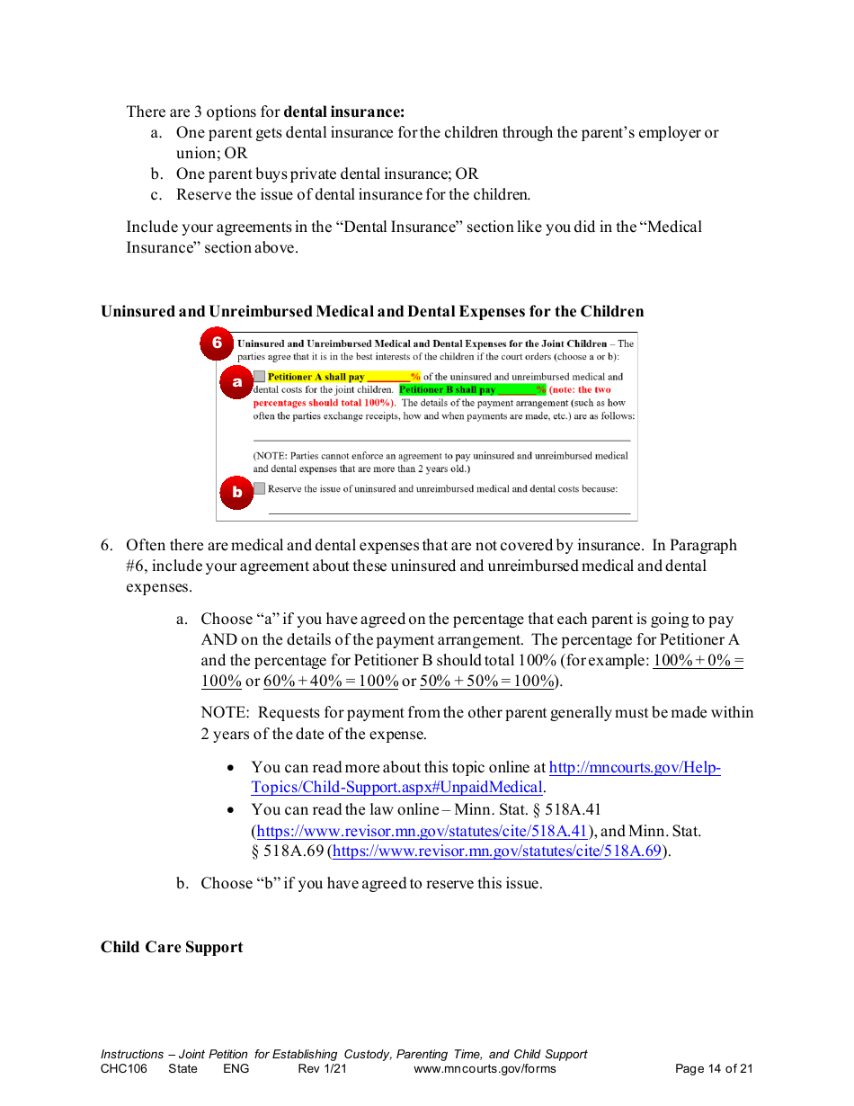 Form CHC106 Instructions - Joint Petition for Establishing Child Custody, Parenting Time, and Child Support - Minnesota, Page 14