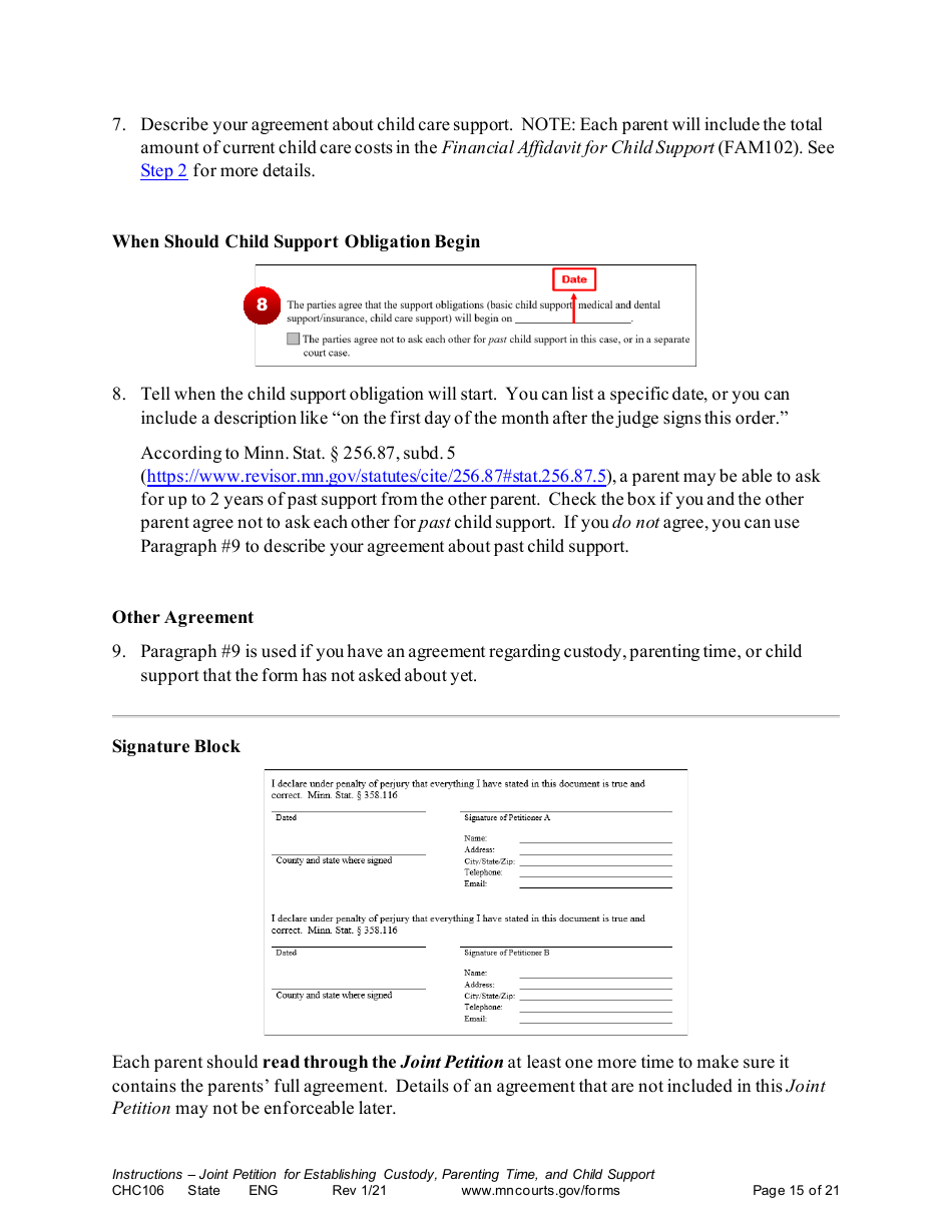 Form CHC106 Instructions - Joint Petition for Establishing Child Custody, Parenting Time, and Child Support - Minnesota, Page 15