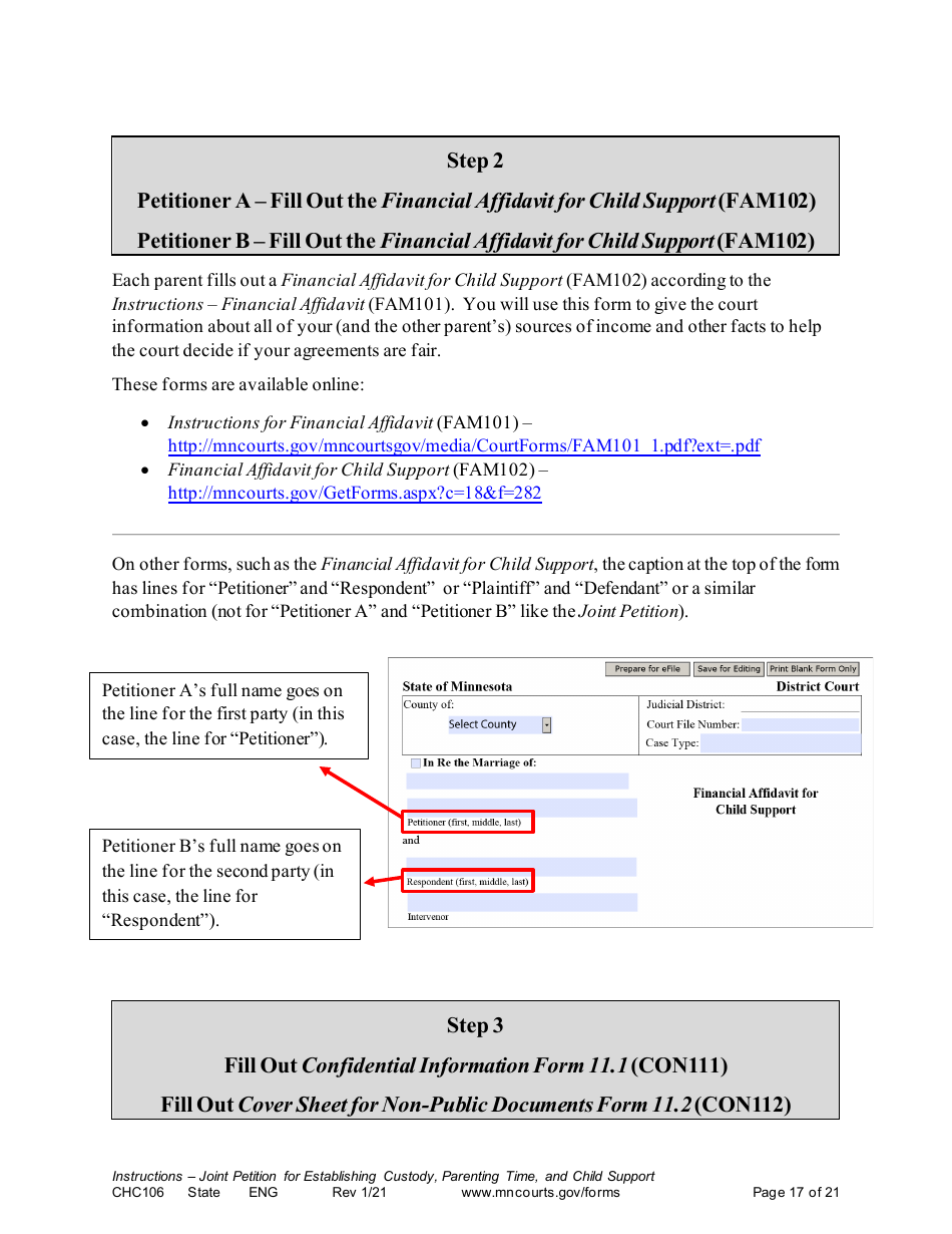 Form CHC106 Instructions - Joint Petition for Establishing Child Custody, Parenting Time, and Child Support - Minnesota, Page 17