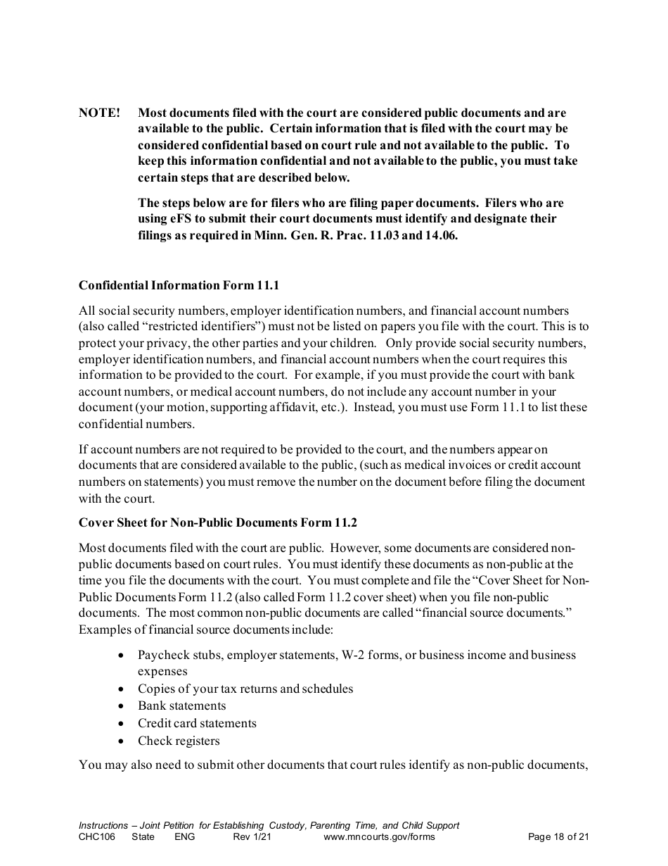 Form CHC106 Instructions - Joint Petition for Establishing Child Custody, Parenting Time, and Child Support - Minnesota, Page 18