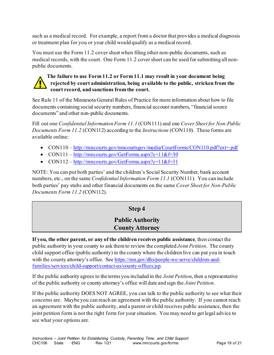 Form CHC106 Instructions - Joint Petition for Establishing Child Custody, Parenting Time, and Child Support - Minnesota, Page 19