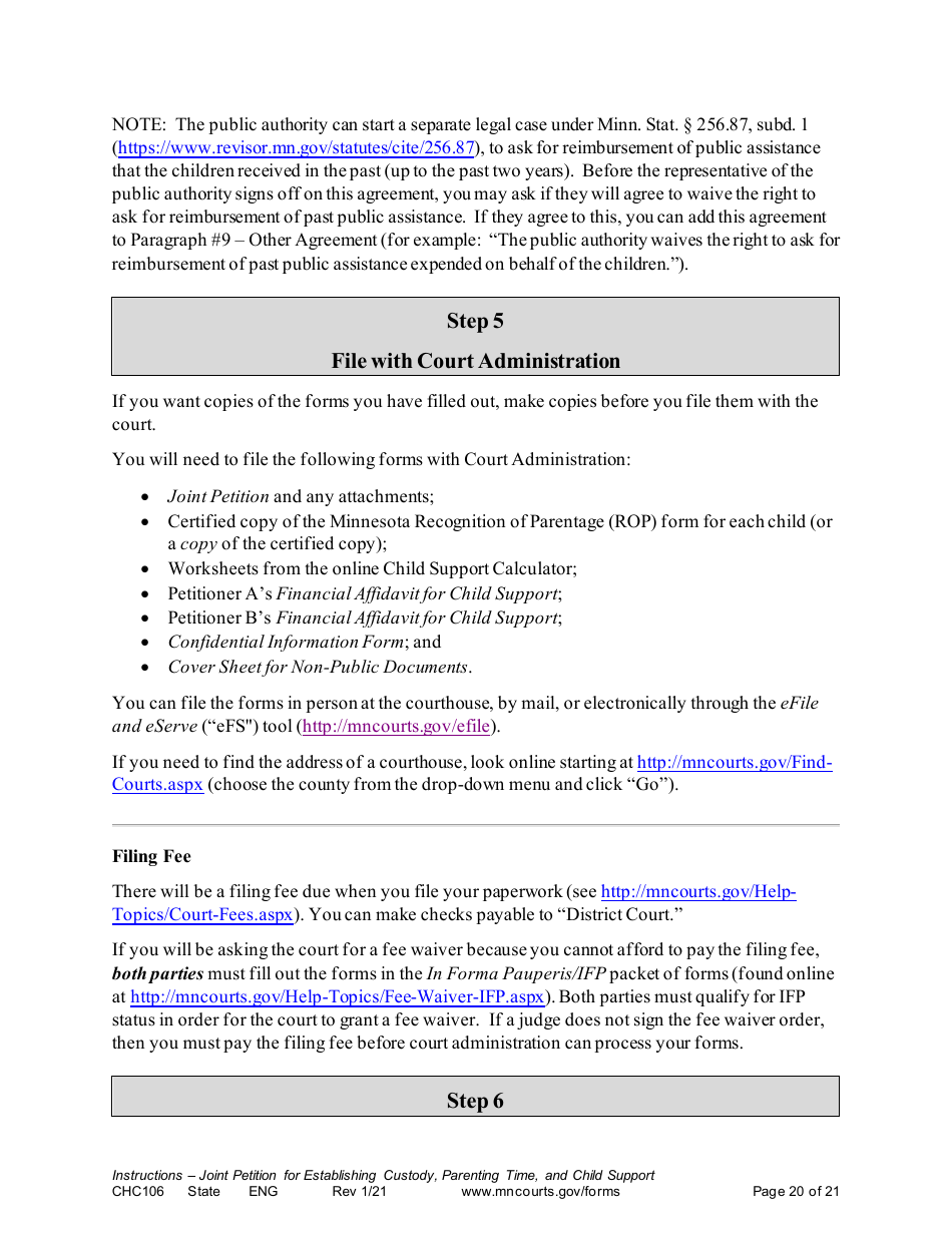 Form CHC106 Instructions - Joint Petition for Establishing Child Custody, Parenting Time, and Child Support - Minnesota, Page 20