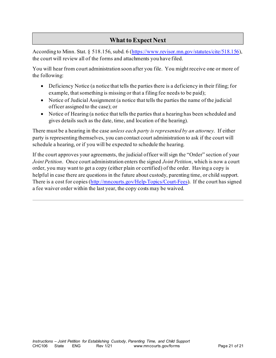 Form CHC106 Instructions - Joint Petition for Establishing Child Custody, Parenting Time, and Child Support - Minnesota, Page 21