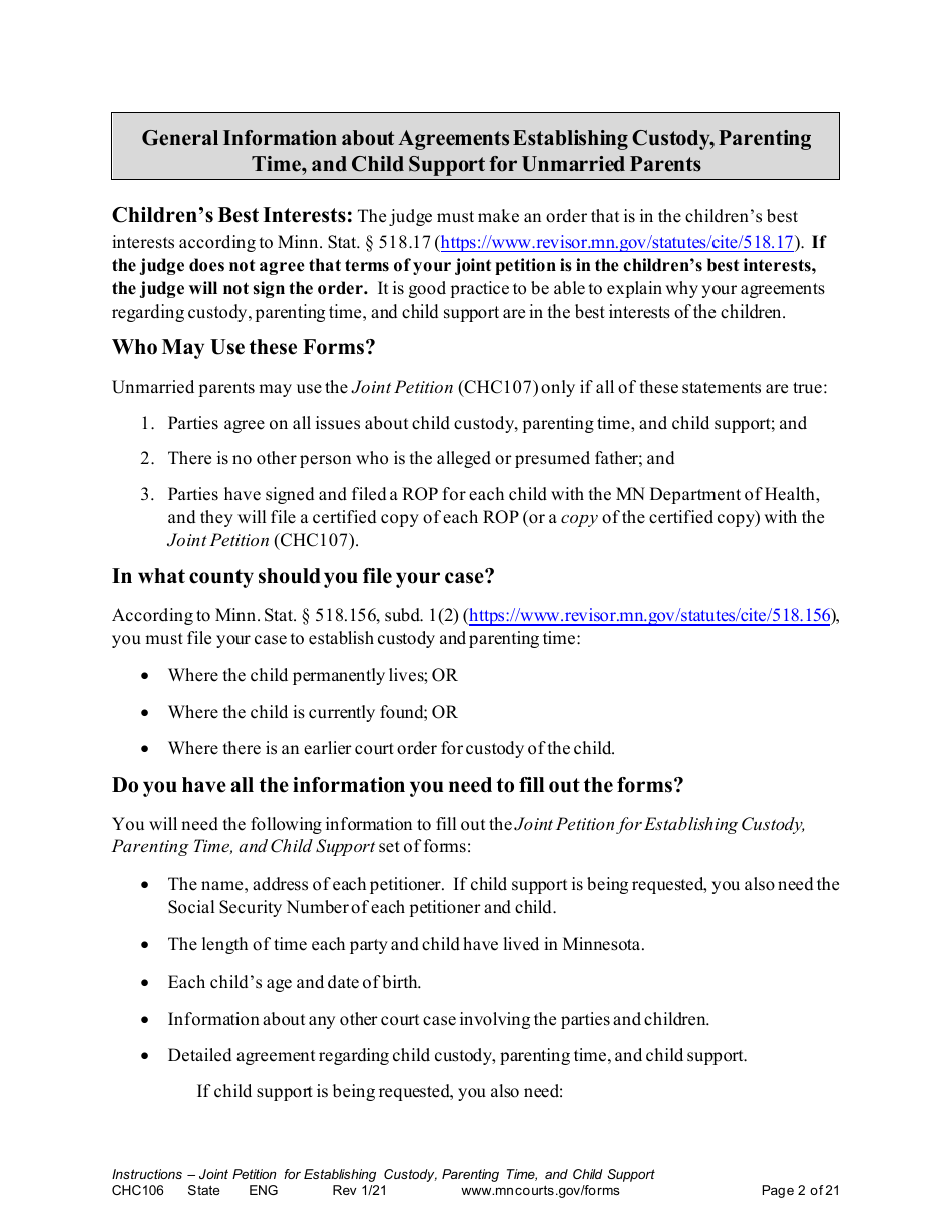 Form CHC106 Instructions - Joint Petition for Establishing Child Custody, Parenting Time, and Child Support - Minnesota, Page 2