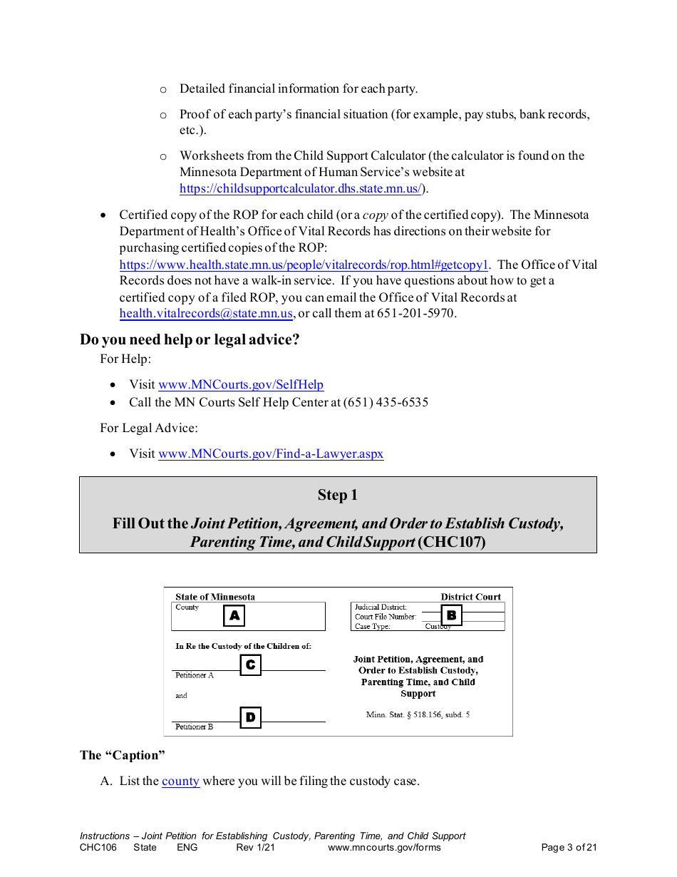 Form CHC106 Instructions - Joint Petition for Establishing Child Custody, Parenting Time, and Child Support - Minnesota, Page 3