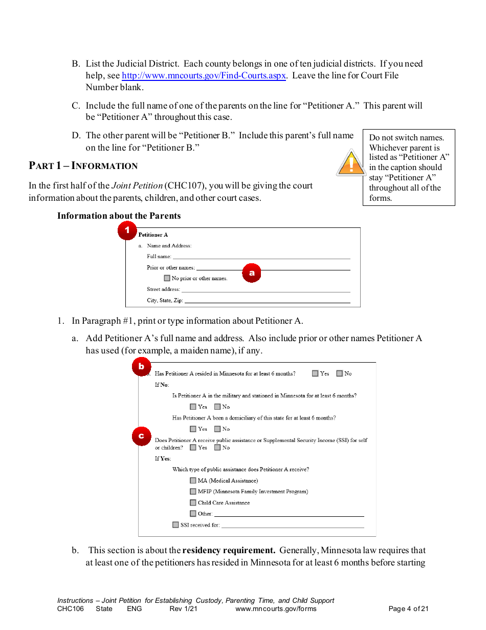 Form CHC106 Instructions - Joint Petition for Establishing Child Custody, Parenting Time, and Child Support - Minnesota, Page 4