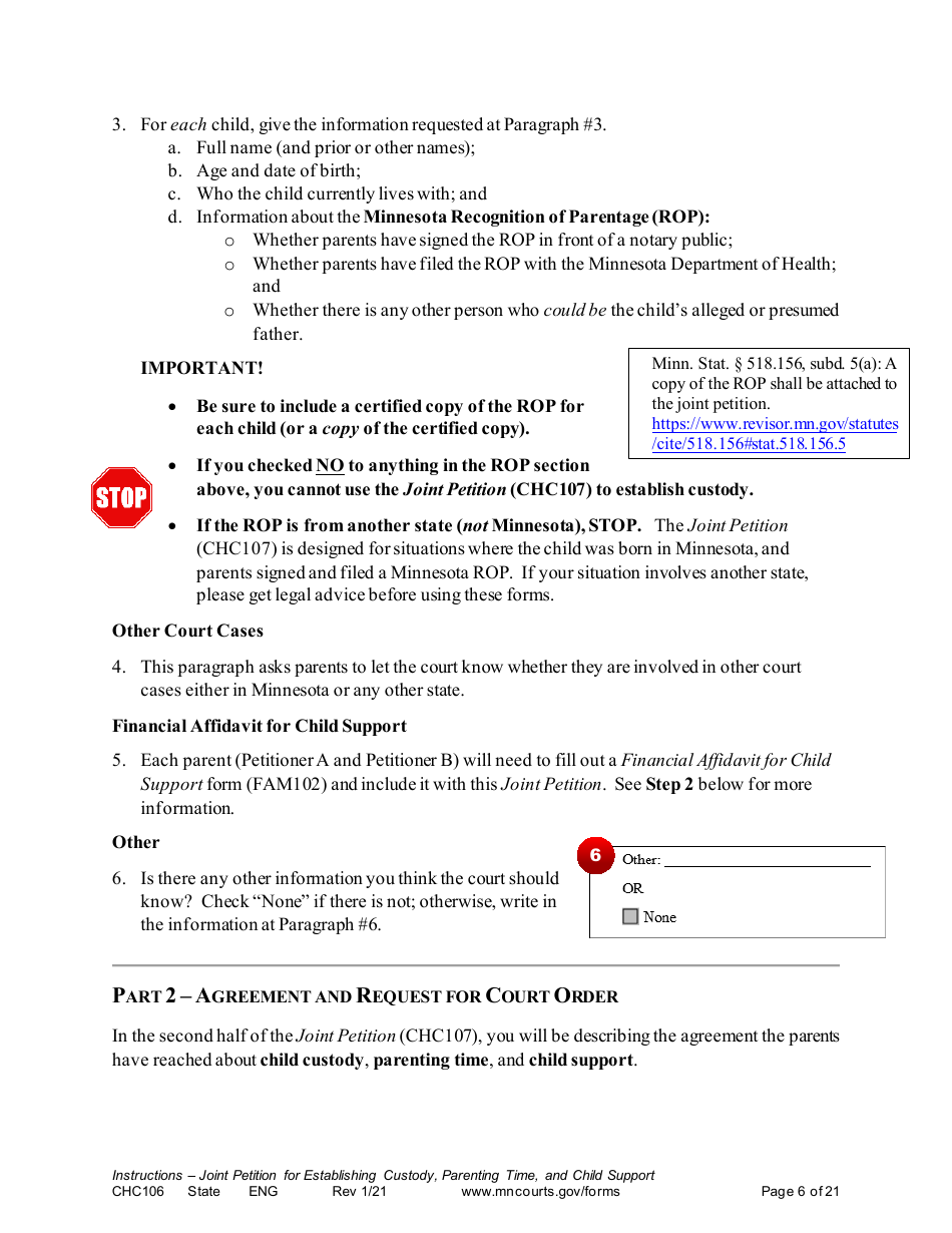 Form CHC106 Instructions - Joint Petition for Establishing Child Custody, Parenting Time, and Child Support - Minnesota, Page 6