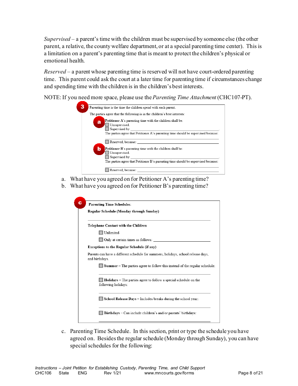 Form CHC106 Instructions - Joint Petition for Establishing Child Custody, Parenting Time, and Child Support - Minnesota, Page 8