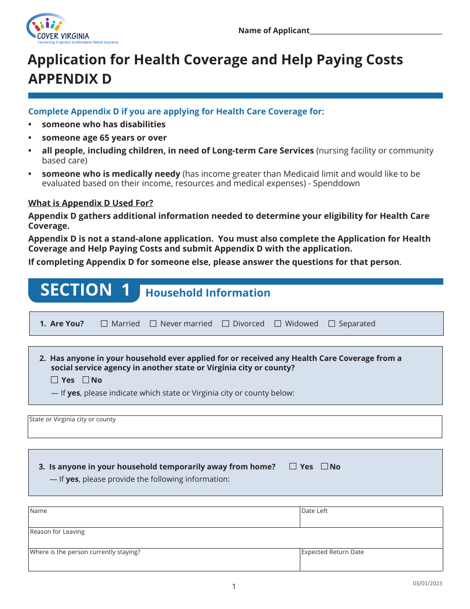 Appendix D Application for Health Coverage and Help Paying Costs - Virginia, Page 1