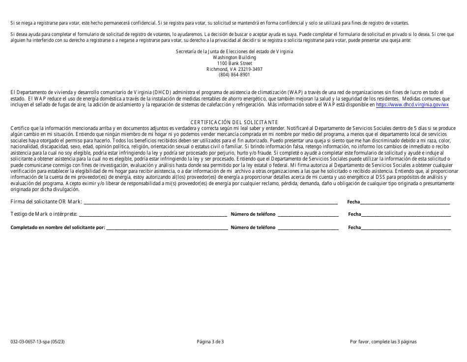 Formulario 032-03-0657-13-SPA Solicitud De Asistencia Para El Aire Acondicionado - Ventilacion - Virginia (Spanish), Page 3