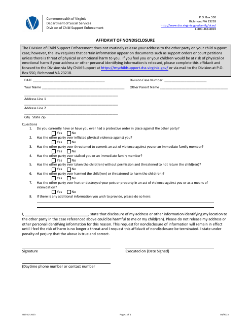 Form I015-02-2023 Affidavit of Nondisclosure - Virginia