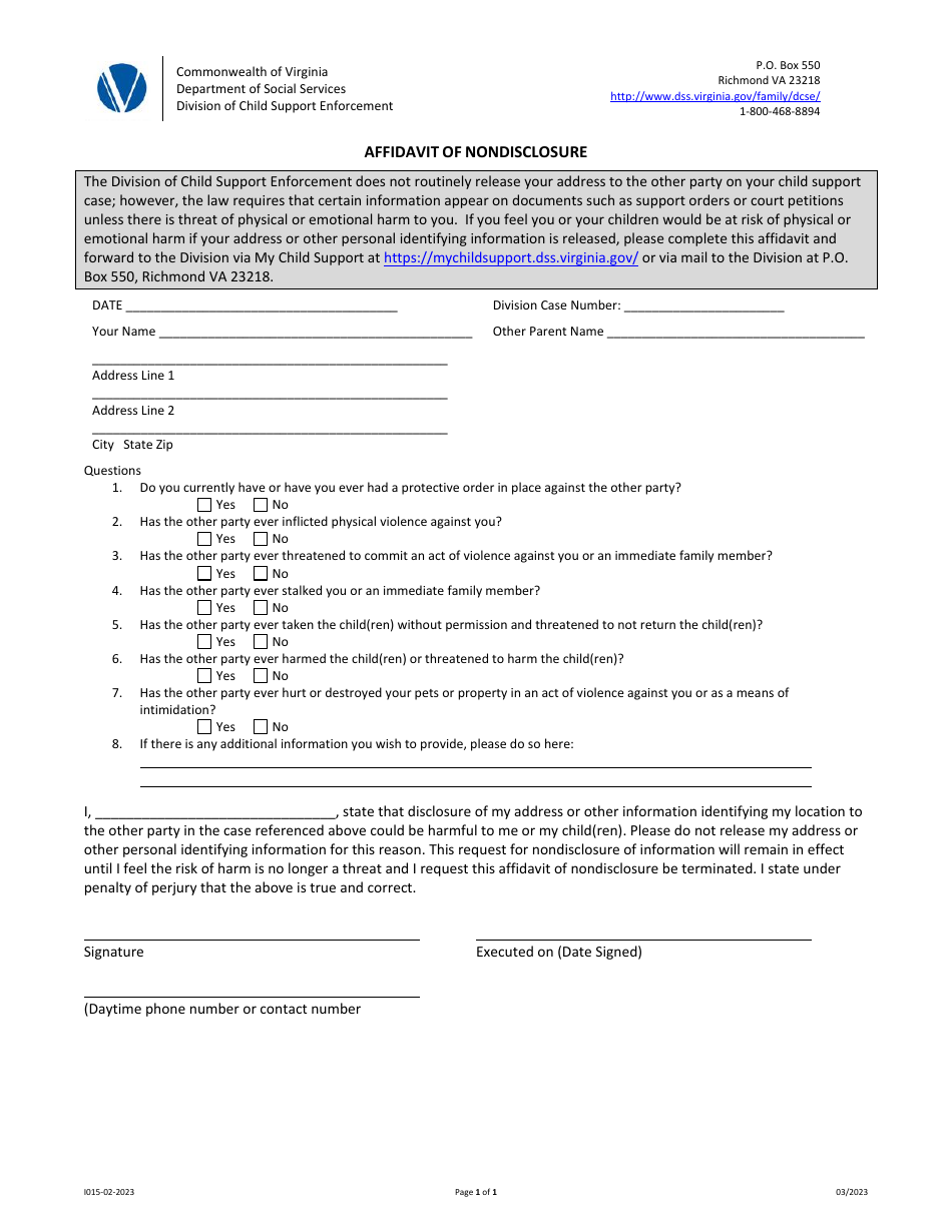Form I015-02-2023 Affidavit of Nondisclosure - Virginia, Page 1