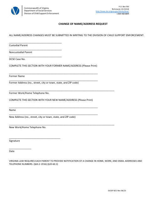 Form DCSEP-821 Change of Name/Address Request - Virginia