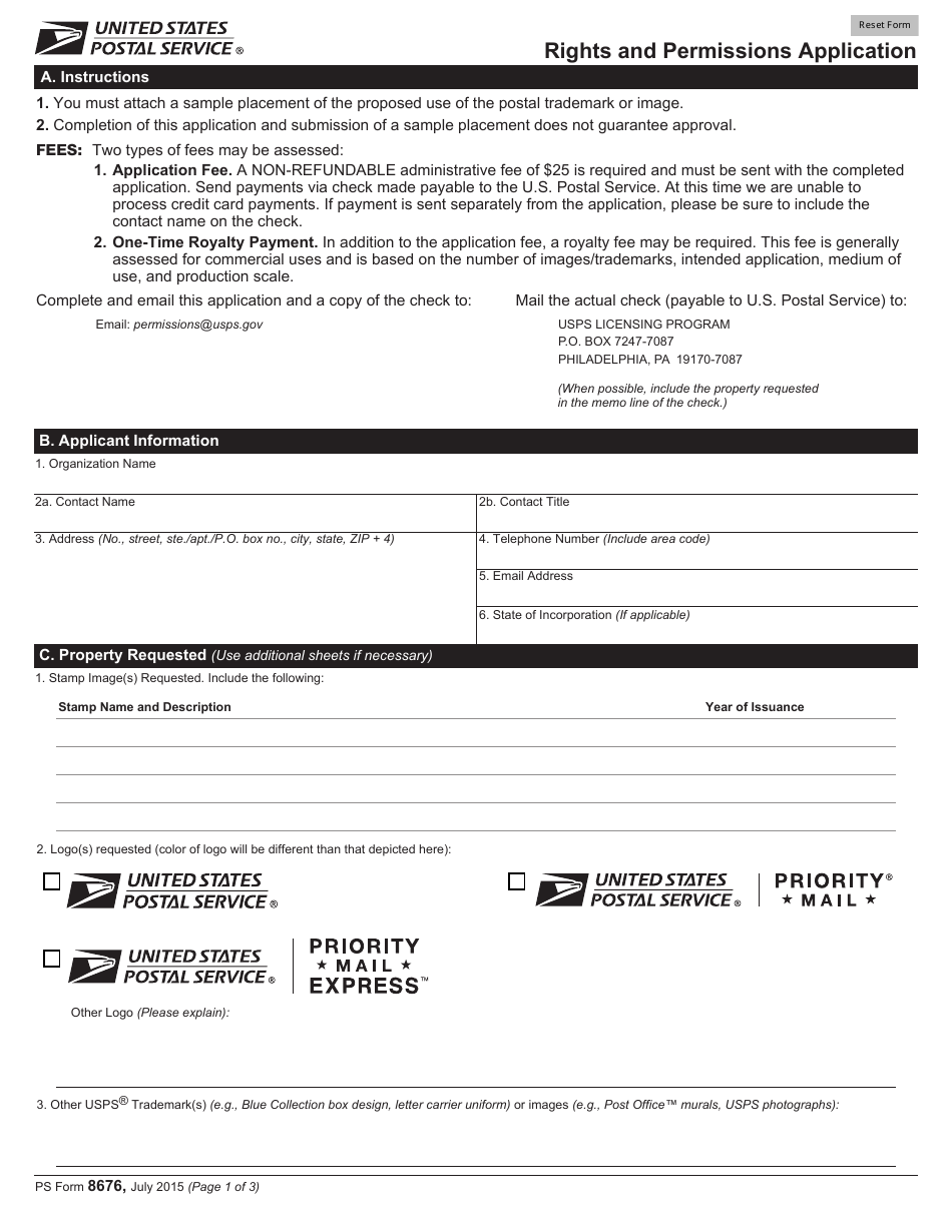 PS Form 8676 Rights and Permissions Application, Page 1