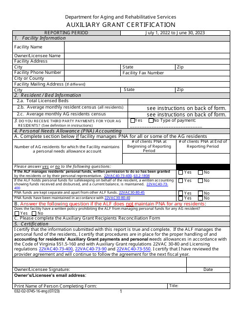 Form 032-02-0745-16-ENG Auxiliary Grant Certification - Virginia, 2023