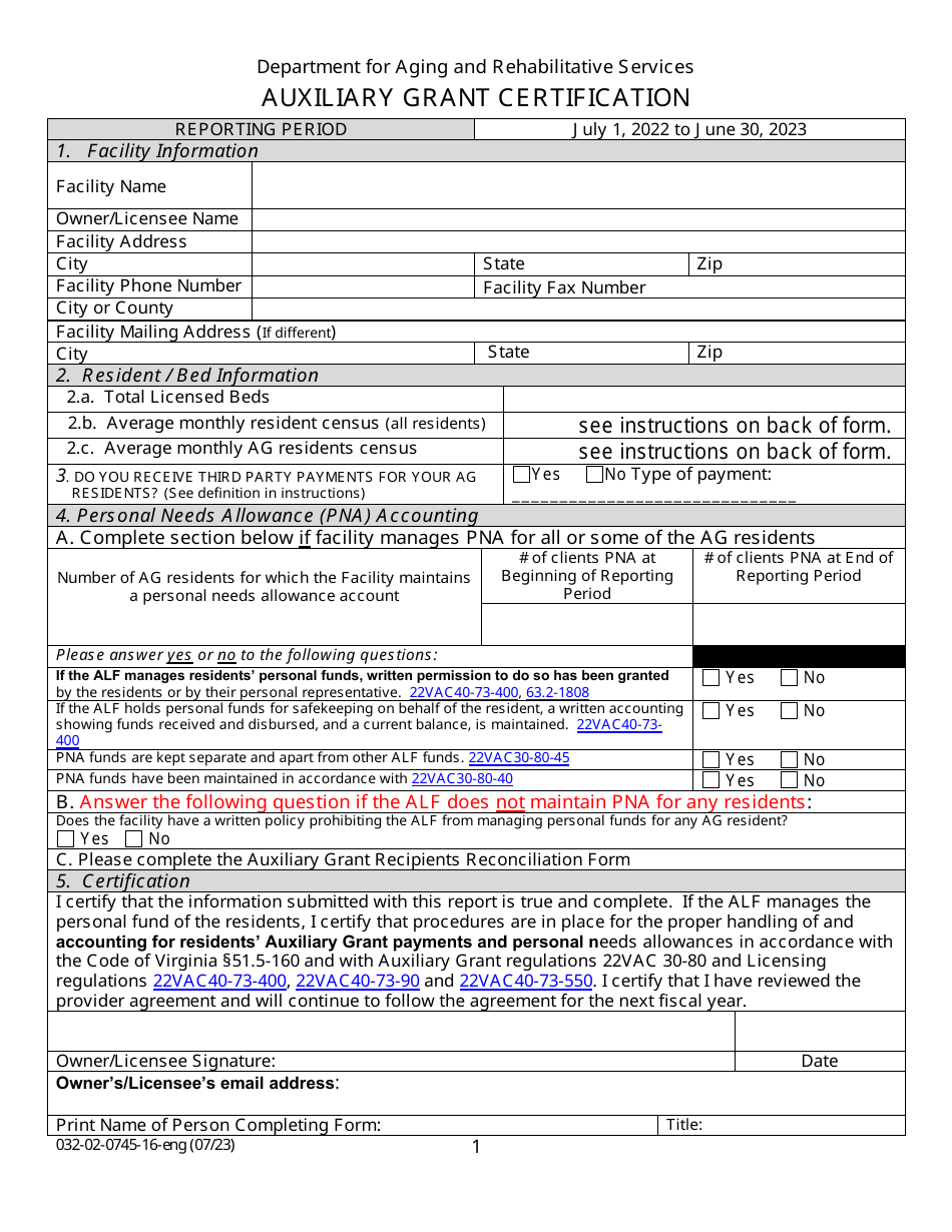 Form 032-02-0745-16-ENG Auxiliary Grant Certification - Virginia, Page 1