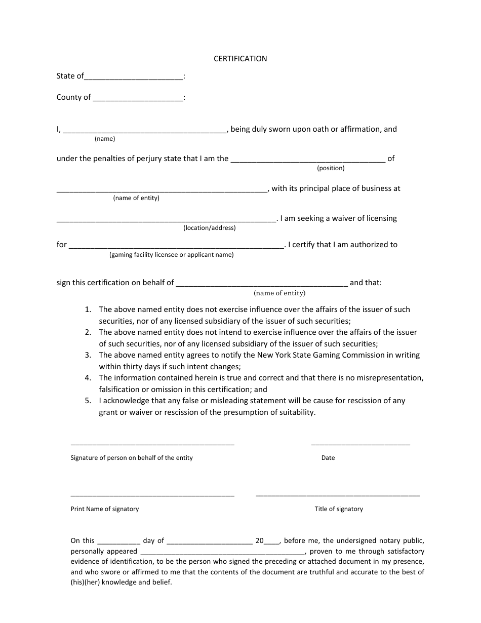 New York Waiver Certification Form - Fill Out, Sign Online and Download ...