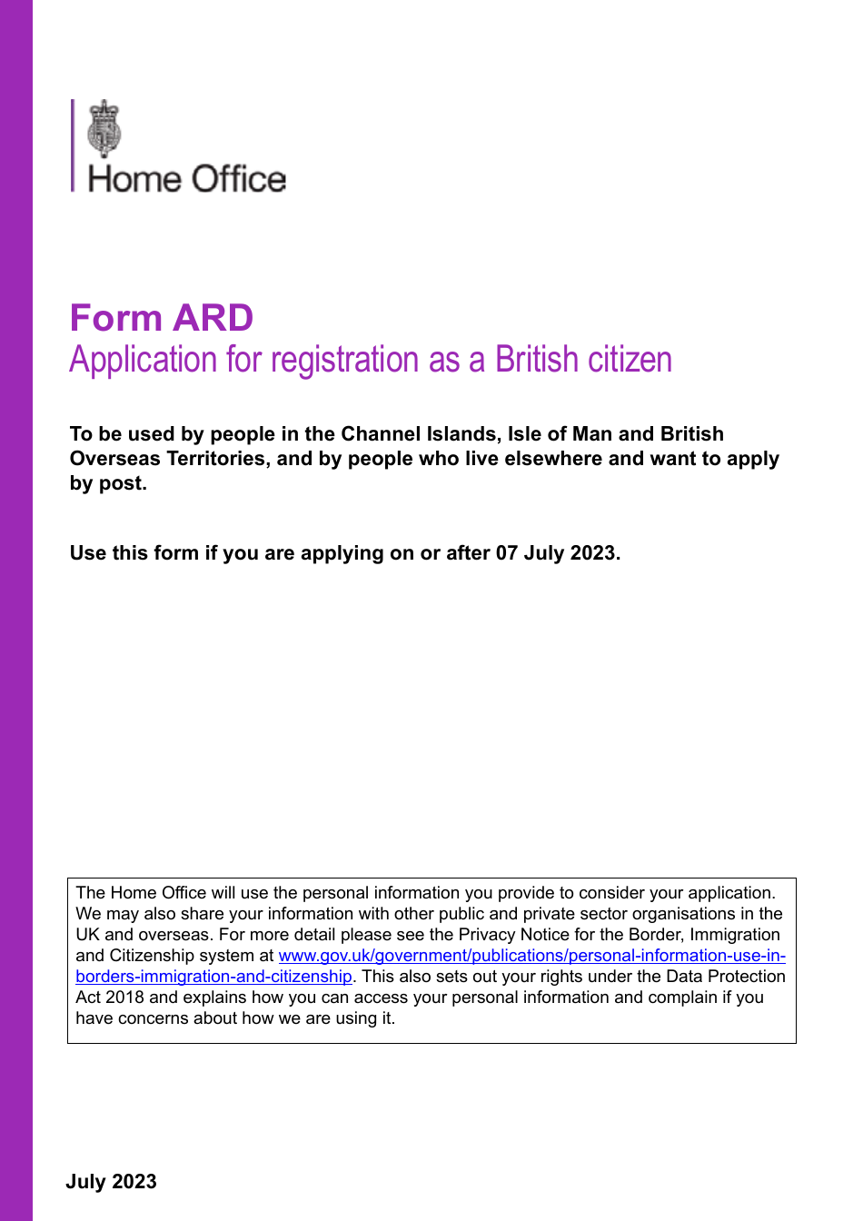 Form ARD Application for Registration as a British Citizen - United Kingdom, Page 1