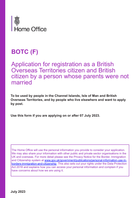 Form BOTC (F) Application for Registration as a British Overseas Territories Citizen and British Citizen by a Person Whose Parents Were Not Married - United Kingdom
