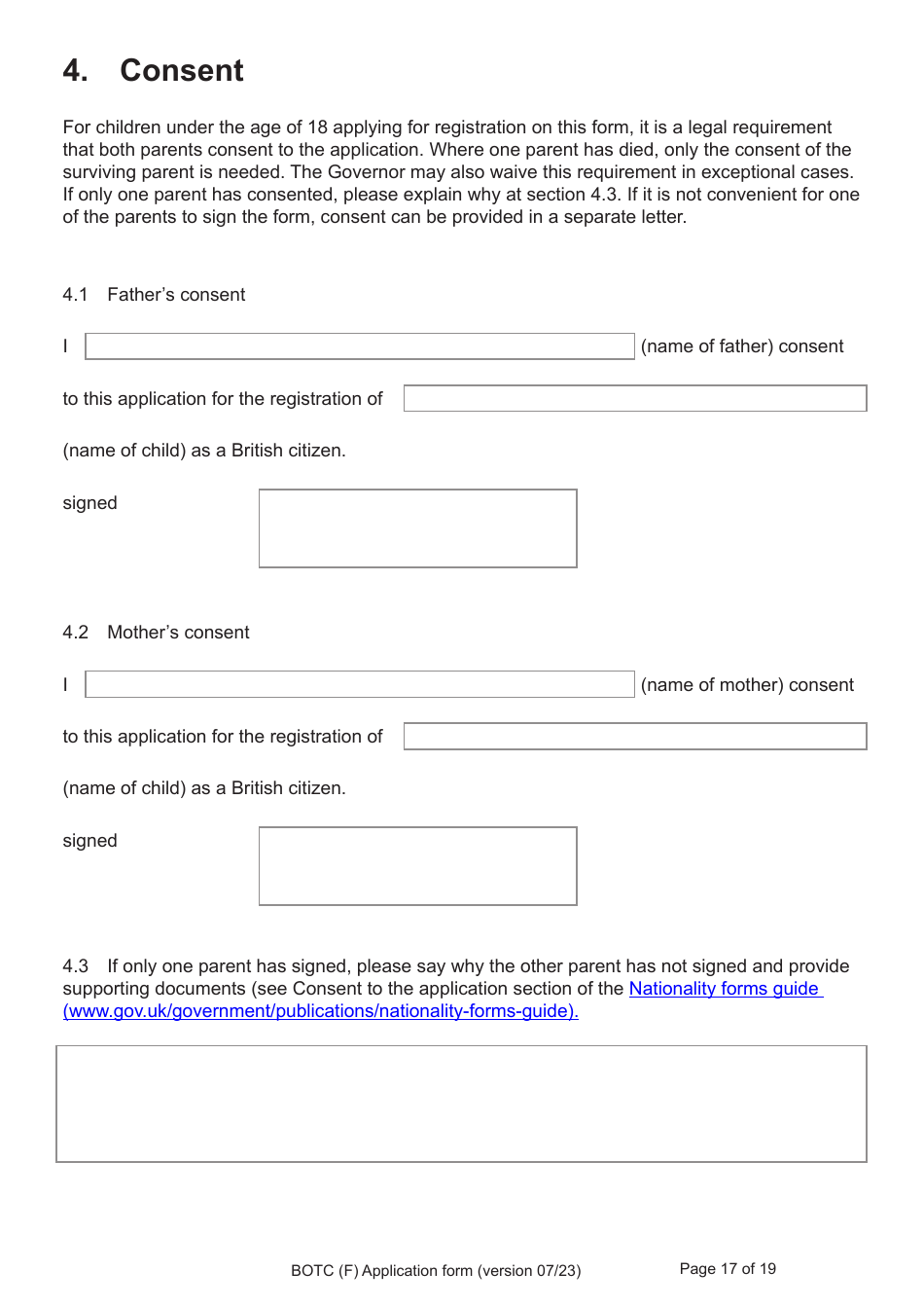 Form BOTC (F) Application for Registration as a British Overseas Territories Citizen and British Citizen by a Person Whose Parents Were Not Married - United Kingdom, Page 17
