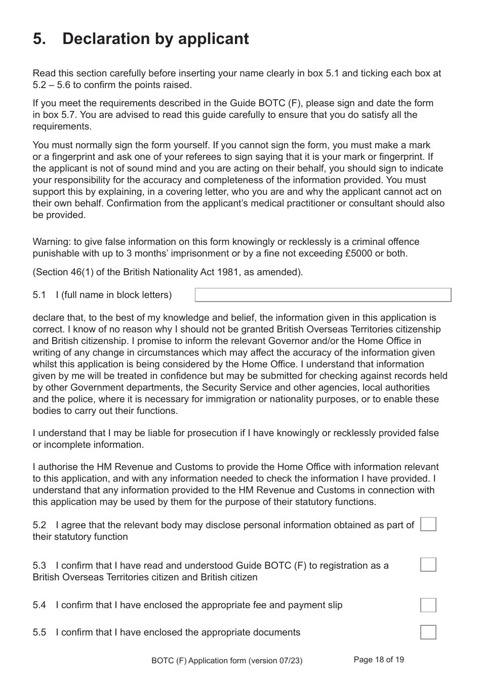 Form BOTC (F) Application for Registration as a British Overseas Territories Citizen and British Citizen by a Person Whose Parents Were Not Married - United Kingdom, Page 18