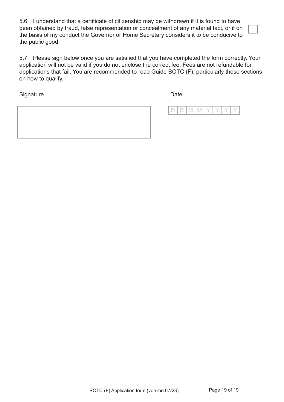 Form BOTC (F) Application for Registration as a British Overseas Territories Citizen and British Citizen by a Person Whose Parents Were Not Married - United Kingdom, Page 19