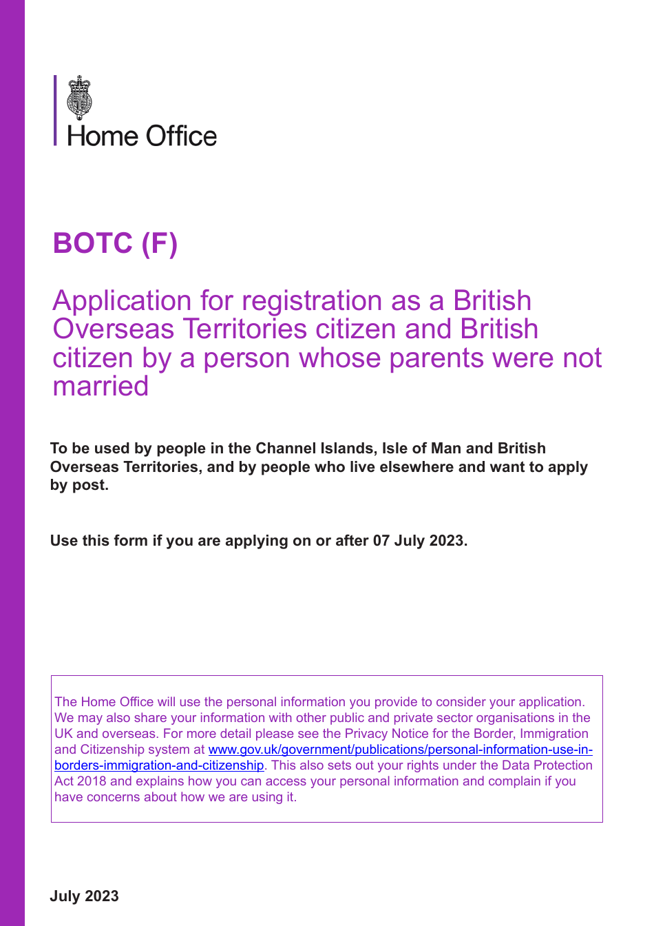 Form BOTC (F) Application for Registration as a British Overseas Territories Citizen and British Citizen by a Person Whose Parents Were Not Married - United Kingdom, Page 1