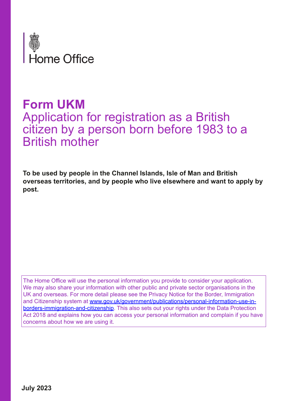 Form UKM Application for Registration as a British Citizen by a Person Born Before 1983 to a British Mother - United Kingdom, Page 1