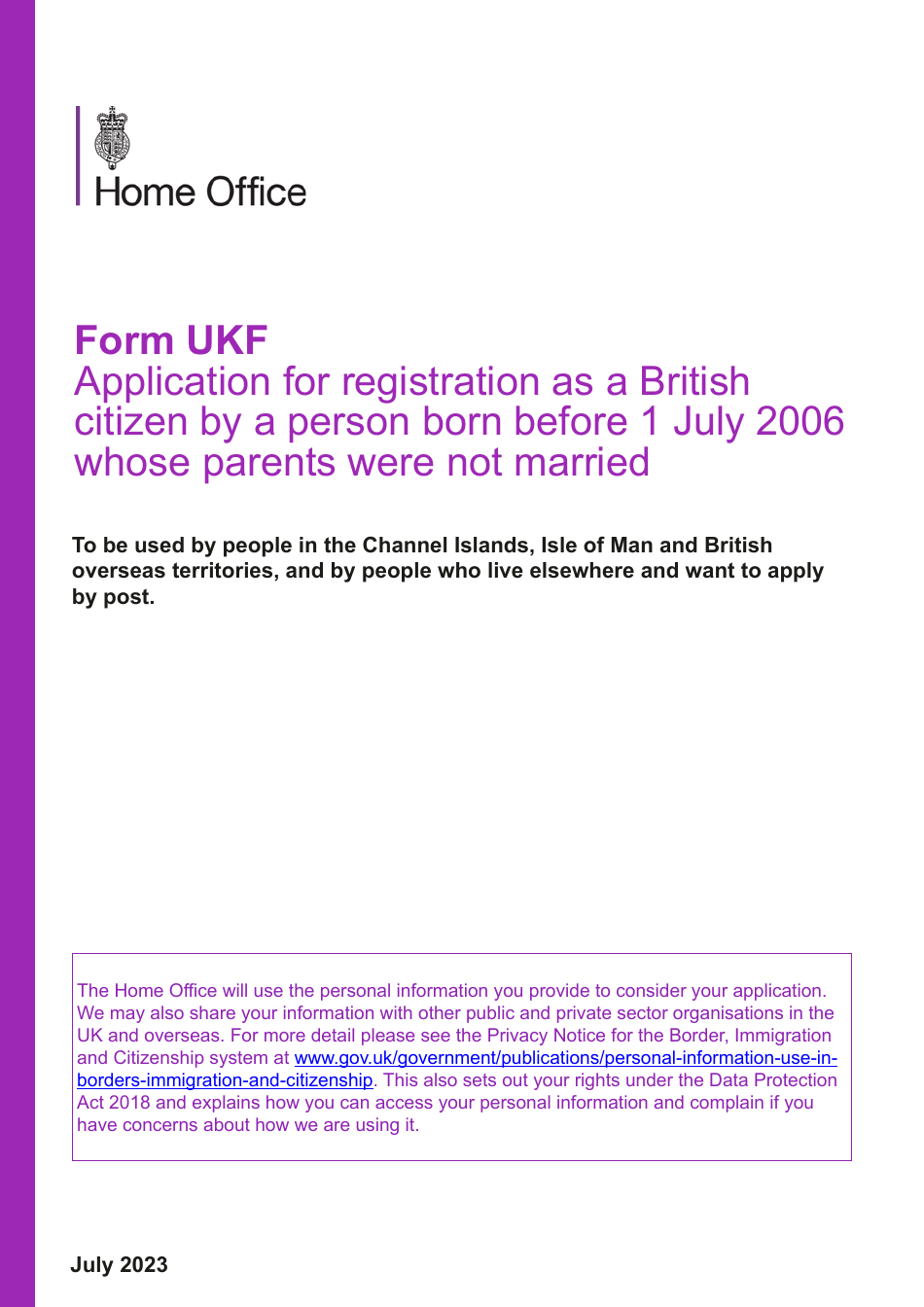 Form UKF Application for Registration as a British Citizen by a Person Born Before 1 July 2006 Whose Parents Were Not Married - United Kingdom, Page 1