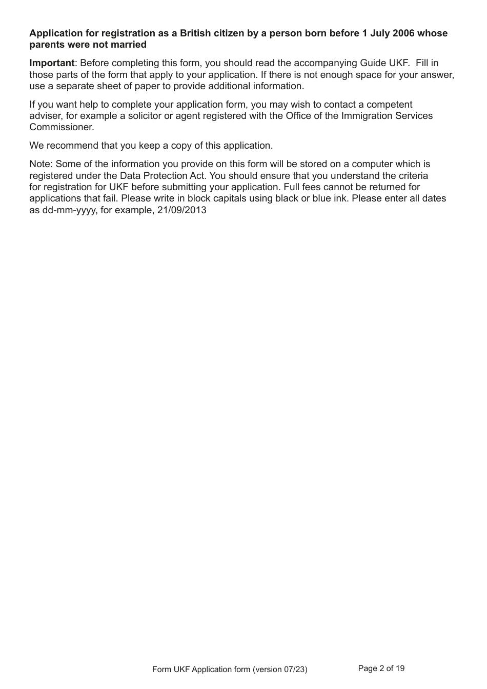 Form UKF Application for Registration as a British Citizen by a Person Born Before 1 July 2006 Whose Parents Were Not Married - United Kingdom, Page 2