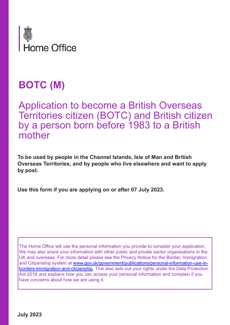 Form BOTC (M) Application to Become a British Overseas Territories Citizen (Botc) and British Citizen by a Person Born Before 1983 to a British Mother - United Kingdom