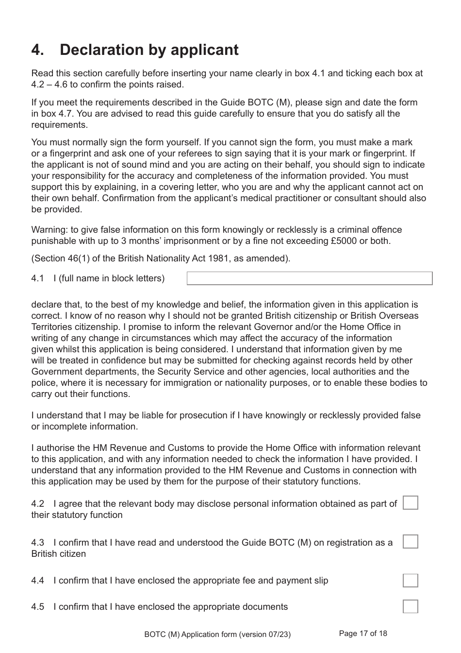 Form BOTC (M) Application to Become a British Overseas Territories Citizen (Botc) and British Citizen by a Person Born Before 1983 to a British Mother - United Kingdom, Page 17