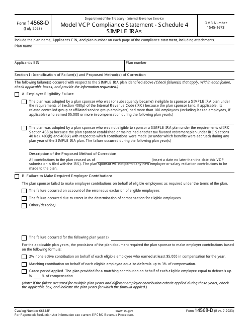 IRS Form 14568-D Schedule 4 Model Vcp Compliance Statement - Simple Iras