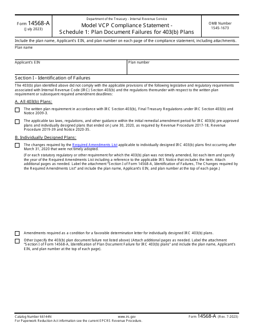 IRS Form 14568-A Addendum 1 Model Vcp Compliance Statement - Plan Document Failures for 403(B) Plans