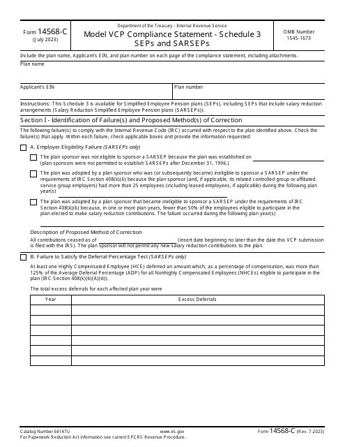 IRS Form 14568-C Schedule 3 Model Vcp Compliance Statement - Seps and Sarseps