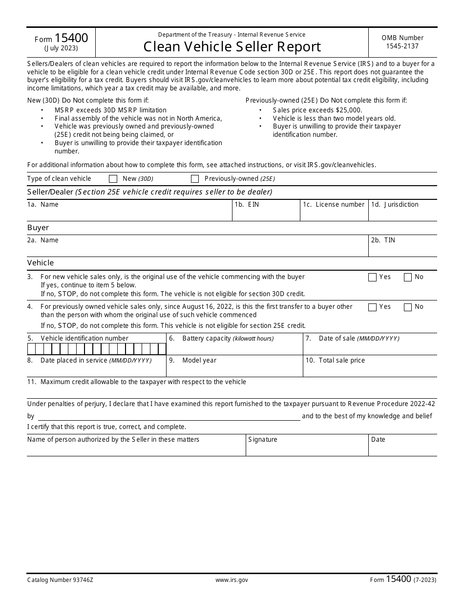 IRS Form 15400 Clean Vehicle Seller Report, Page 1