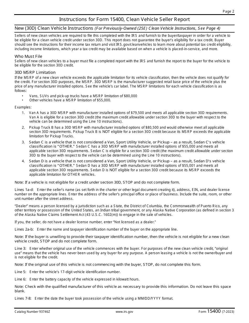 IRS Form 15400 Clean Vehicle Seller Report, Page 2
