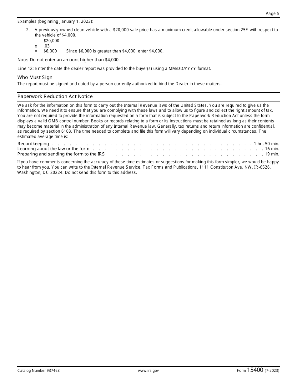 IRS Form 15400 Clean Vehicle Seller Report, Page 5