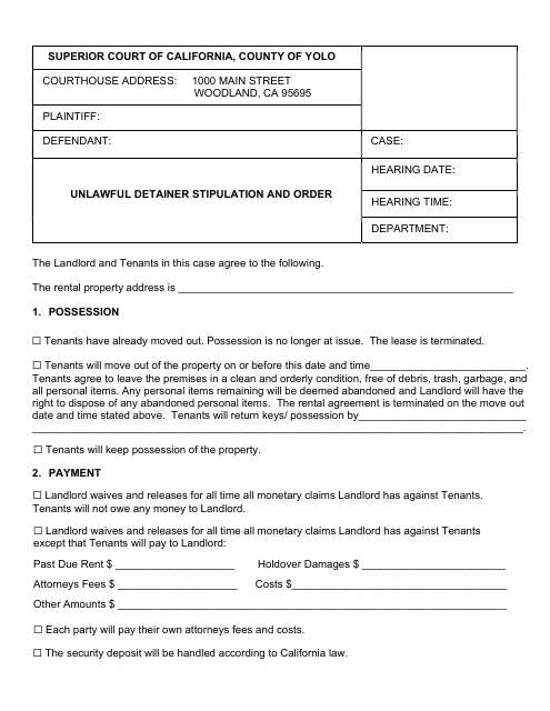Unlawful Detainer Stipulation and Order - Yolo County, California Download Pdf