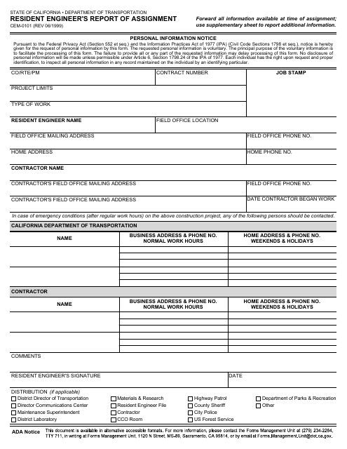 Form CEM-0101 Resident Engineer's Report of Assignment - California