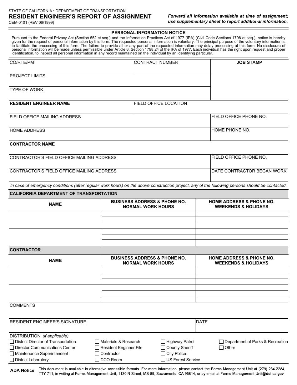 Form CEM-0101 Resident Engineers Report of Assignment - California, Page 1