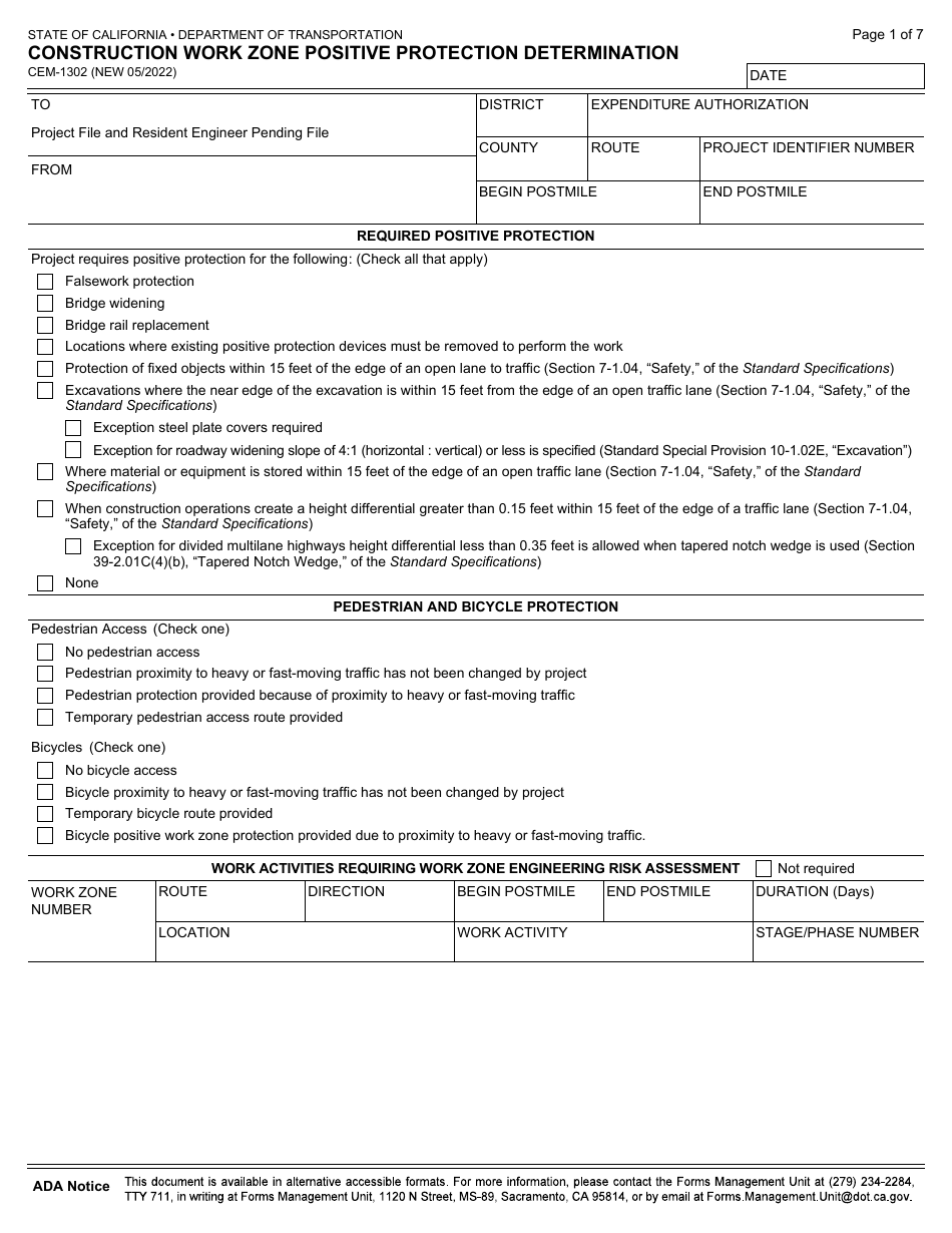Form CEM-1302 Construction Work Zone Positive Protection Determination - California, Page 1